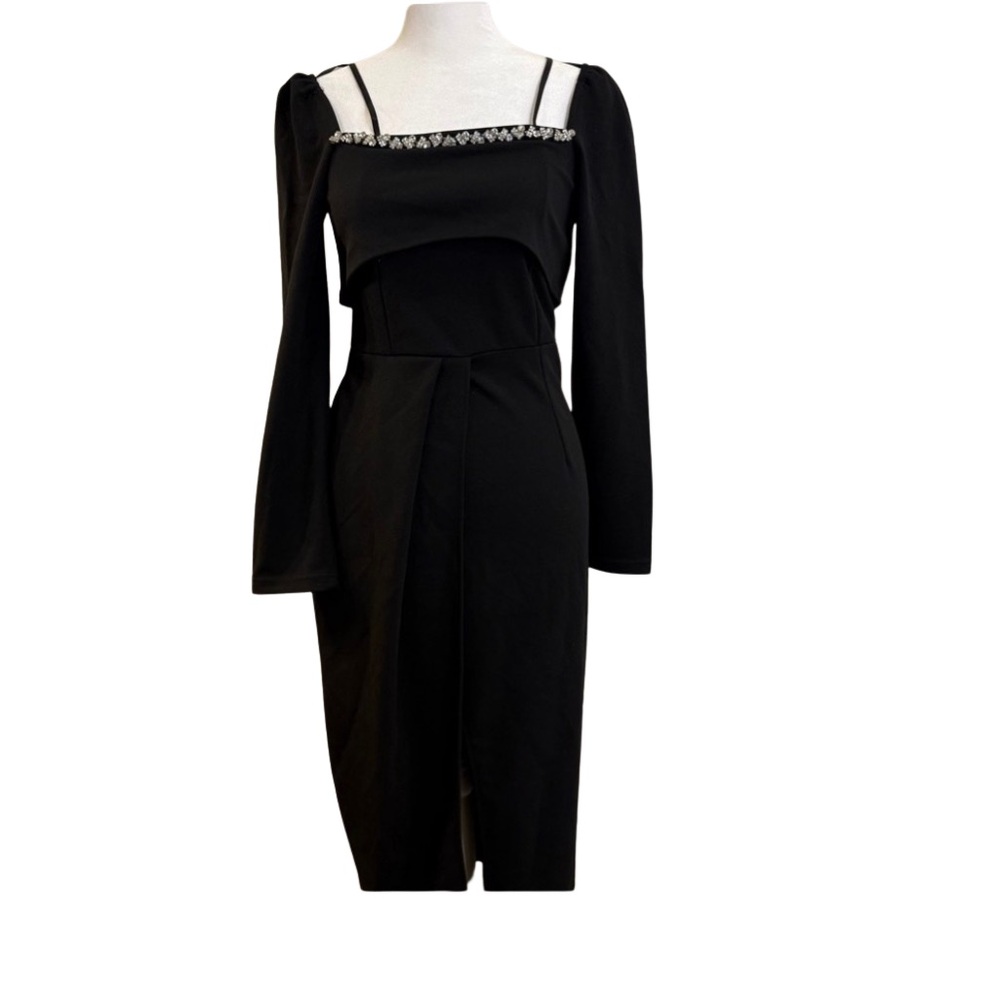 Medium Elegant Black Long Sleeve gown embellished with rhinestones flattering